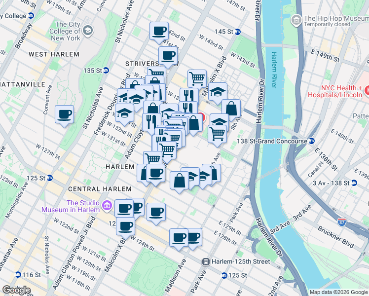 map of restaurants, bars, coffee shops, grocery stores, and more near 470 Lenox Avenue in New York
