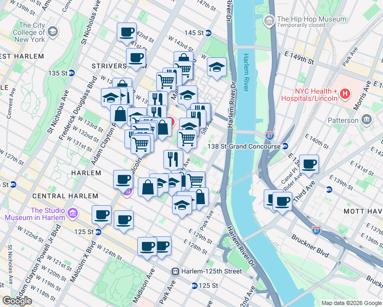 map of restaurants, bars, coffee shops, grocery stores, and more near in New York