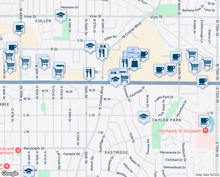 map of restaurants, bars, coffee shops, grocery stores, and more near 5905 O Street in Lincoln
