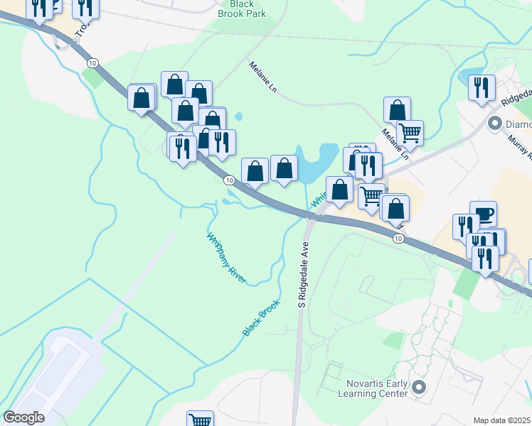 map of restaurants, bars, coffee shops, grocery stores, and more near 58 New Jersey 10 in Hanover