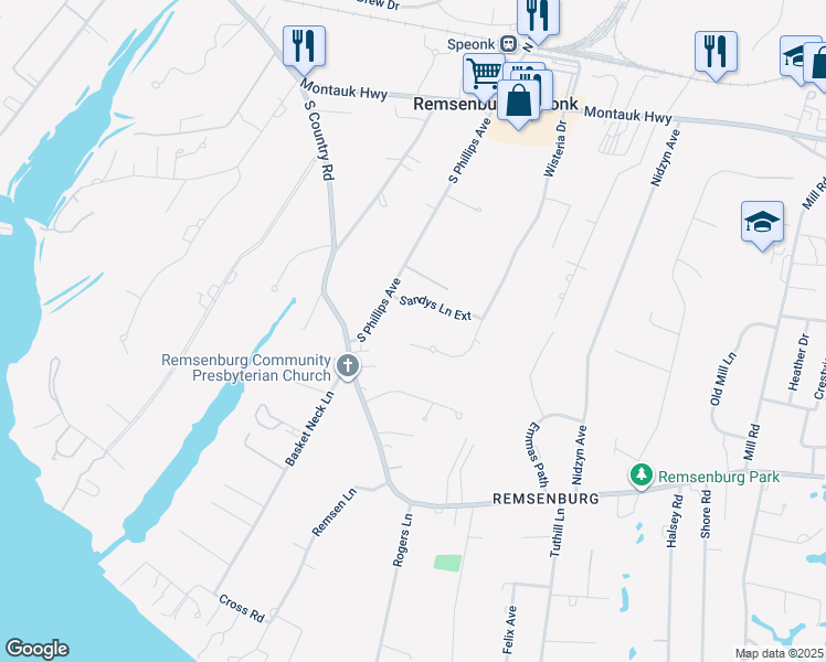 map of restaurants, bars, coffee shops, grocery stores, and more near 3 Sandys Lane in Remsenburg-Speonk