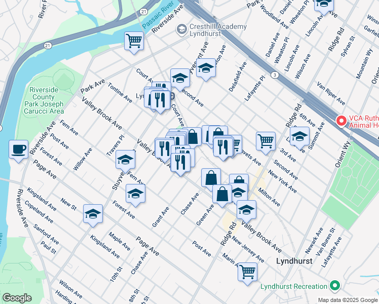 map of restaurants, bars, coffee shops, grocery stores, and more near 240 Delafield Avenue in Lyndhurst