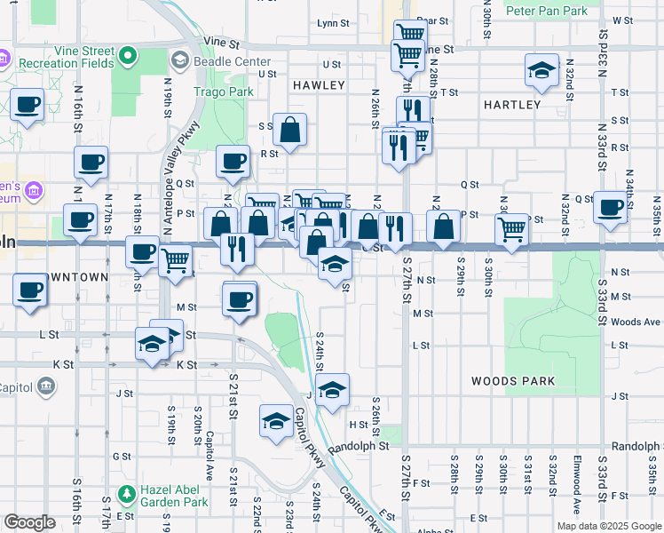 map of restaurants, bars, coffee shops, grocery stores, and more near 2440 East O Street in Lincoln