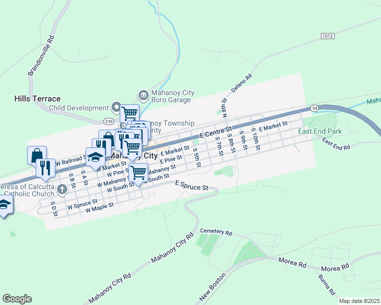 map of restaurants, bars, coffee shops, grocery stores, and more near 423 East Pine Street in Mahanoy City