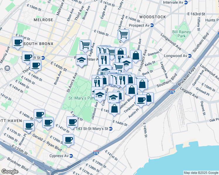 map of restaurants, bars, coffee shops, grocery stores, and more near 560 Concord Avenue in Bronx
