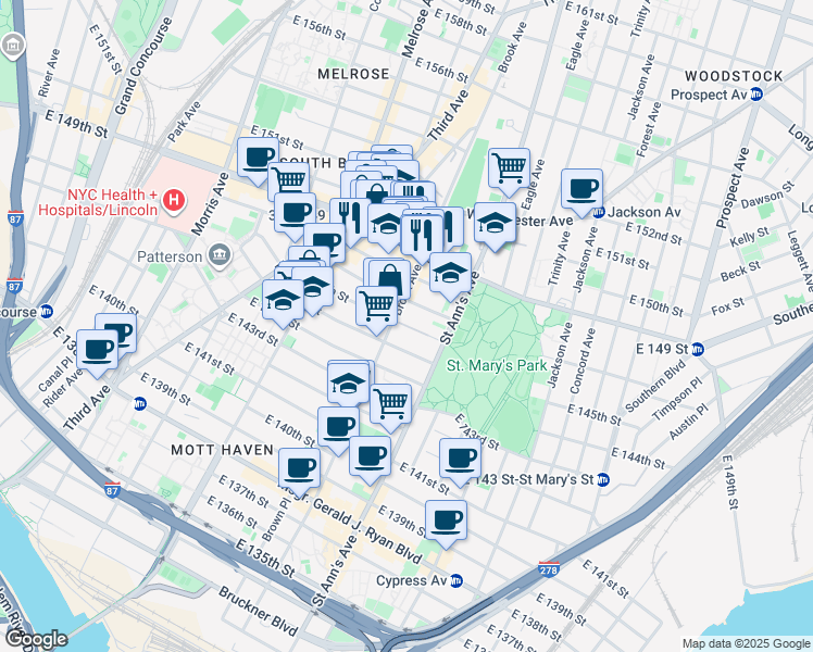 map of restaurants, bars, coffee shops, grocery stores, and more near 486 Brook Avenue in The Bronx