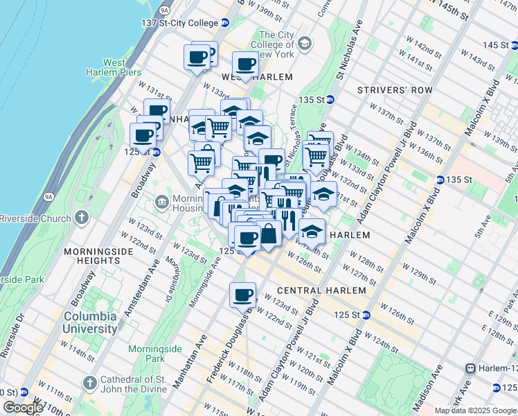 map of restaurants, bars, coffee shops, grocery stores, and more near 35 Saint Nicholas Terrace in New York