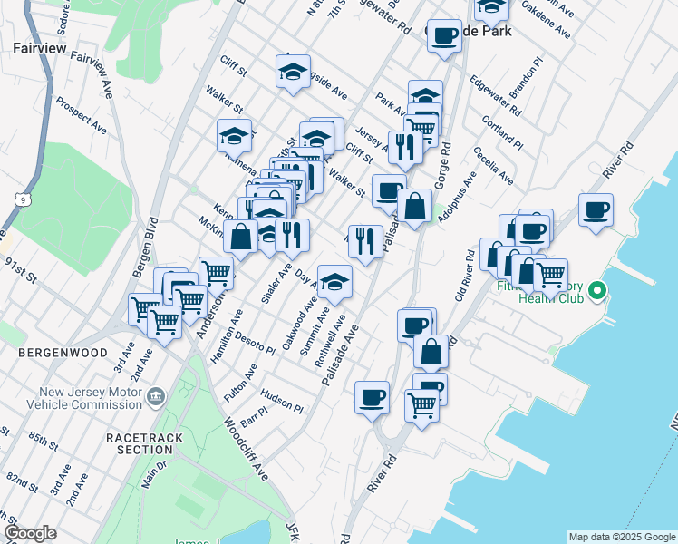 map of restaurants, bars, coffee shops, grocery stores, and more near 235 Washington Place in Cliffside Park