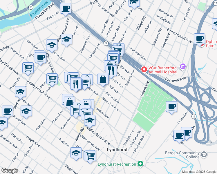 map of restaurants, bars, coffee shops, grocery stores, and more near 104 Ridge Road in Lyndhurst