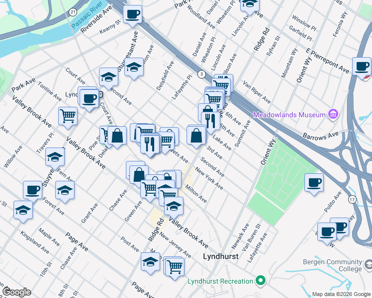 map of restaurants, bars, coffee shops, grocery stores, and more near 532 3rd Avenue in Lyndhurst