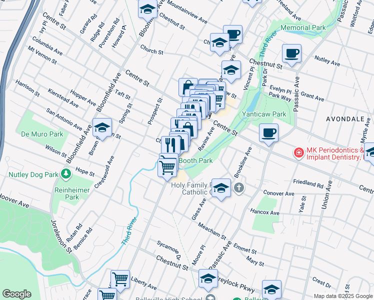 map of restaurants, bars, coffee shops, grocery stores, and more near 160 Franklin Avenue in Nutley