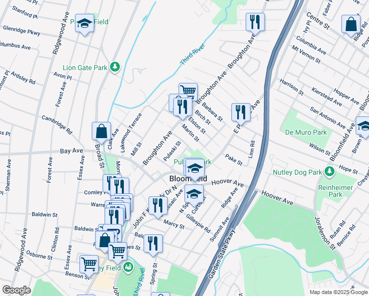map of restaurants, bars, coffee shops, grocery stores, and more near 24 Howard Street in Bloomfield