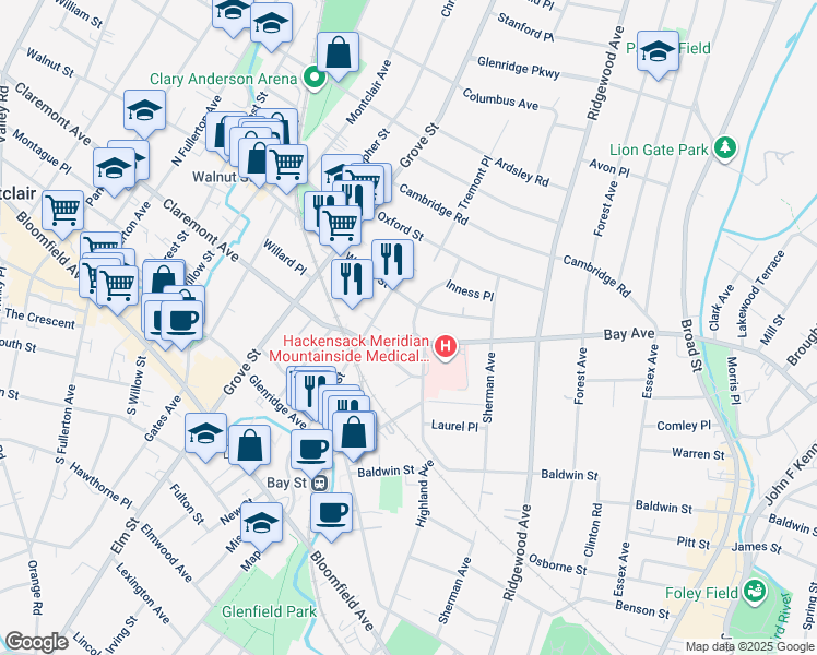 map of restaurants, bars, coffee shops, grocery stores, and more near 27 Walnut Park Drive in Montclair