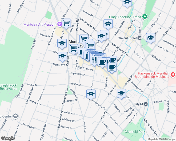 map of restaurants, bars, coffee shops, grocery stores, and more near 460 Bloomfield Avenue in Montclair