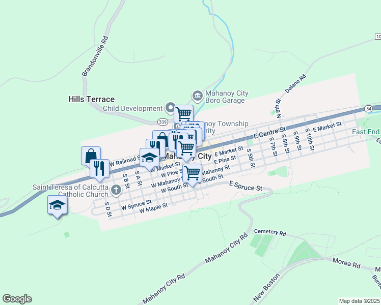 map of restaurants, bars, coffee shops, grocery stores, and more near 23 North Main Street in Mahanoy City