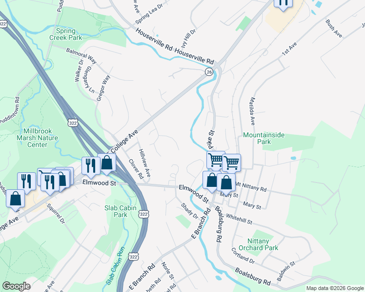 map of restaurants, bars, coffee shops, grocery stores, and more near 160 Lower Grandview Road in State College