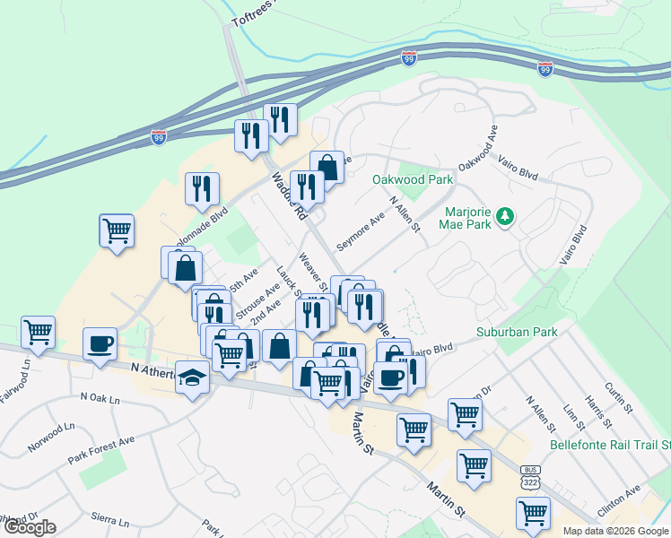 map of restaurants, bars, coffee shops, grocery stores, and more near 1841 Waddle Road in State College