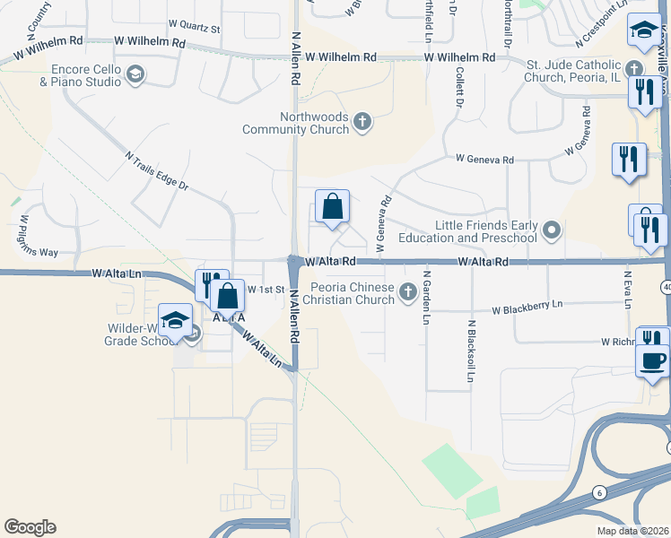 map of restaurants, bars, coffee shops, grocery stores, and more near 2401 West Alta Road in Peoria