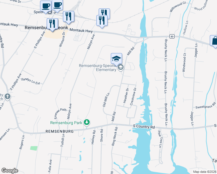 map of restaurants, bars, coffee shops, grocery stores, and more near 7 Old Mill Lane in Remsenburg-Speonk