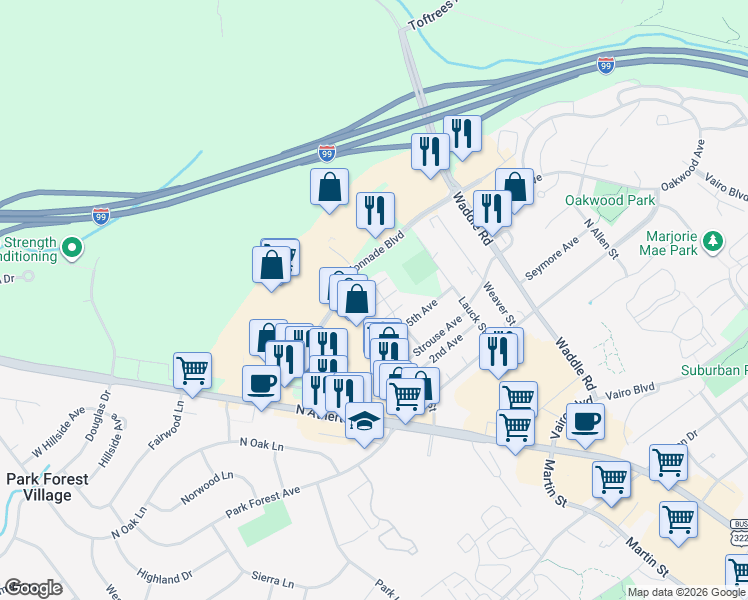 map of restaurants, bars, coffee shops, grocery stores, and more near 2093 Mary Ellen Lane in State College