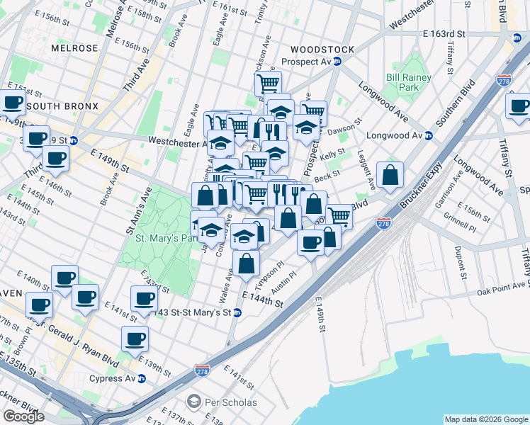 map of restaurants, bars, coffee shops, grocery stores, and more near 540 Tinton Avenue in The Bronx