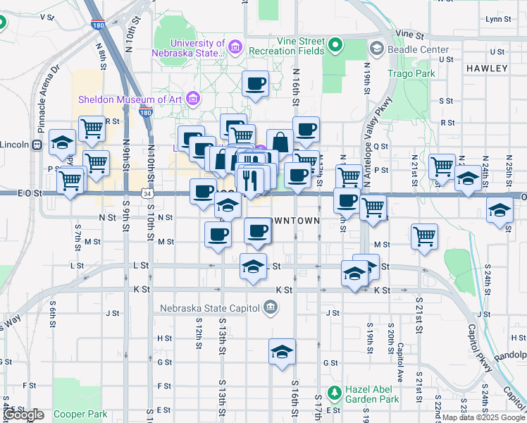map of restaurants, bars, coffee shops, grocery stores, and more near 1432 N Street in Lincoln