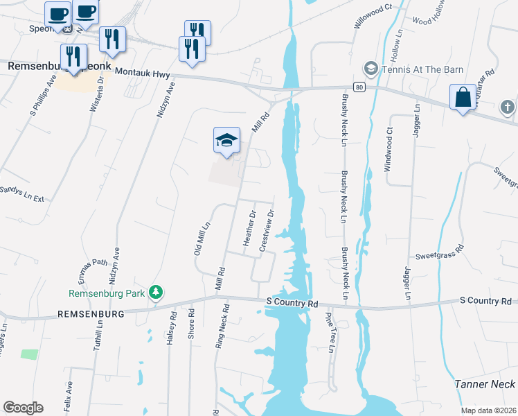 map of restaurants, bars, coffee shops, grocery stores, and more near 32 Mill Road in Westhampton
