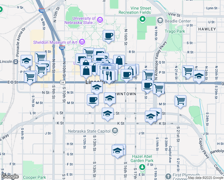 map of restaurants, bars, coffee shops, grocery stores, and more near 1432 N Street in Lincoln