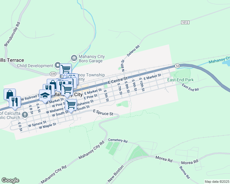 map of restaurants, bars, coffee shops, grocery stores, and more near 606 East Pine Street in Mahanoy City