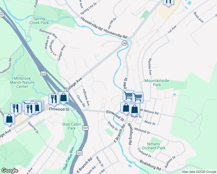 map of restaurants, bars, coffee shops, grocery stores, and more near 160 Lower Grandview Road in State College