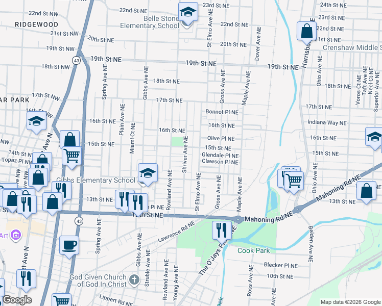 map of restaurants, bars, coffee shops, grocery stores, and more near 1461 Maddrell Court Northeast in Canton