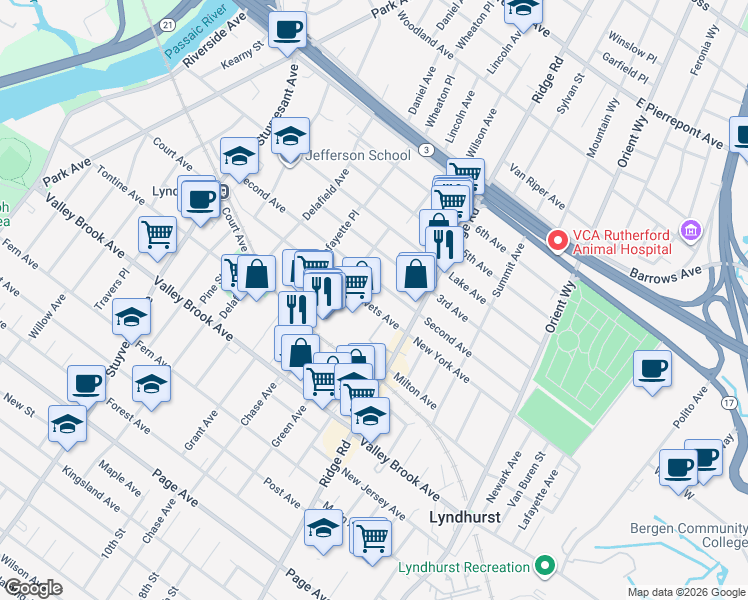 map of restaurants, bars, coffee shops, grocery stores, and more near 508 2nd Avenue in Lyndhurst