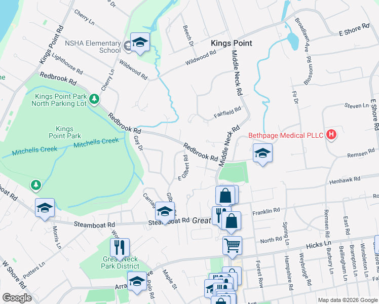 map of restaurants, bars, coffee shops, grocery stores, and more near 37 Redbrook Road in Kings Point