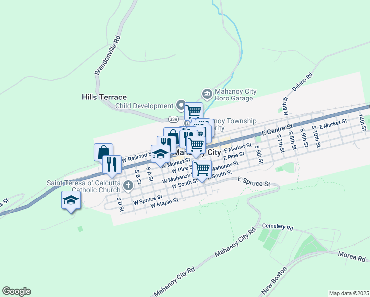 map of restaurants, bars, coffee shops, grocery stores, and more near 111 West Vine Street in Mahanoy City