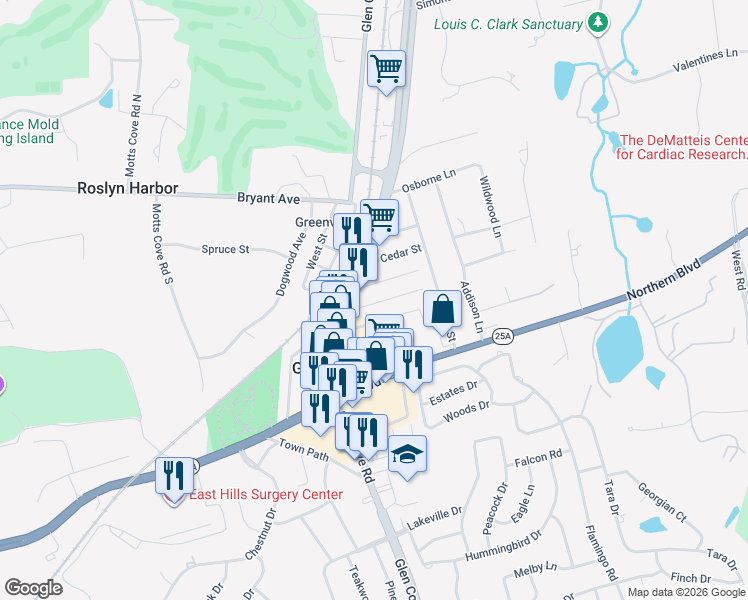map of restaurants, bars, coffee shops, grocery stores, and more near 5 Elm Street in Greenvale