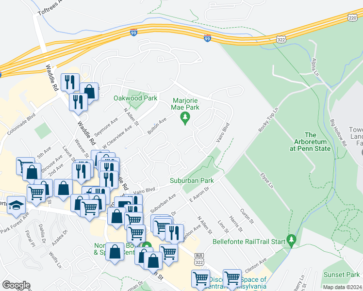 map of restaurants, bars, coffee shops, grocery stores, and more near 631 Marjorie Mae Street in State College