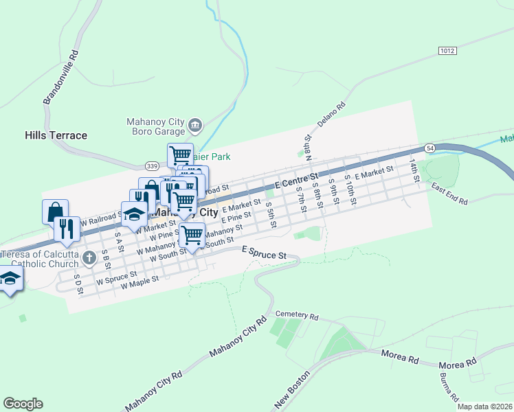 map of restaurants, bars, coffee shops, grocery stores, and more near 420-422 East Center St 420-422 East Center Street in Mahanoy City