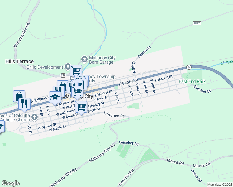 map of restaurants, bars, coffee shops, grocery stores, and more near 501 East Pine Street in Mahanoy City
