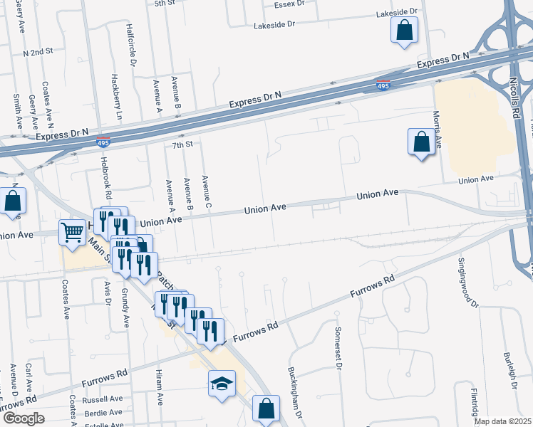 map of restaurants, bars, coffee shops, grocery stores, and more near 568 Union Avenue in Holbrook