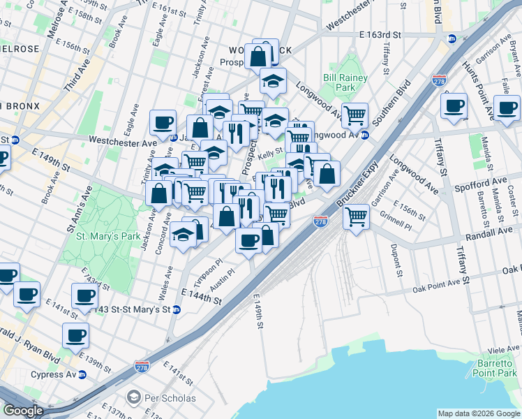 map of restaurants, bars, coffee shops, grocery stores, and more near 575 Southern Boulevard in Bronx