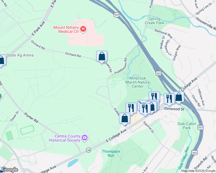 map of restaurants, bars, coffee shops, grocery stores, and more near 600 Puddintown Road in State College