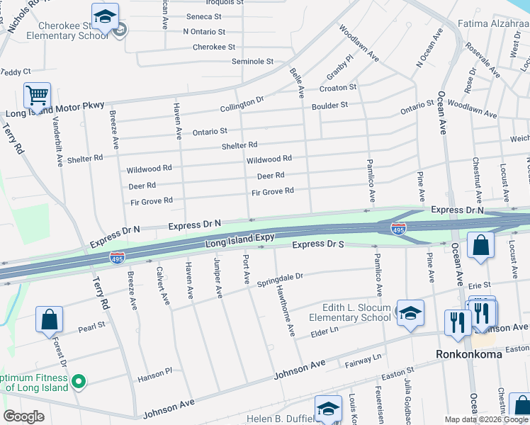 map of restaurants, bars, coffee shops, grocery stores, and more near 314 Fir Grove Road in Ronkonkoma