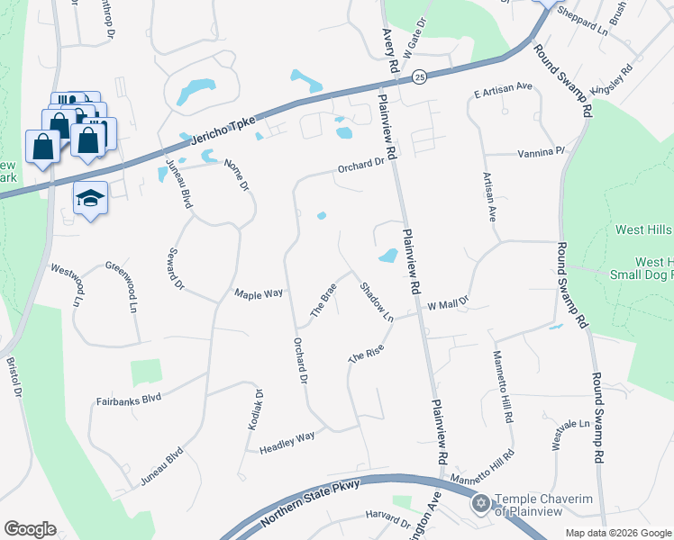 map of restaurants, bars, coffee shops, grocery stores, and more near 14 Shadow Lane in Woodbury