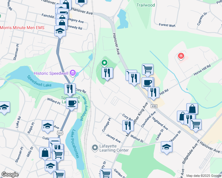 map of restaurants, bars, coffee shops, grocery stores, and more near 54 Gerhard Place in Morristown