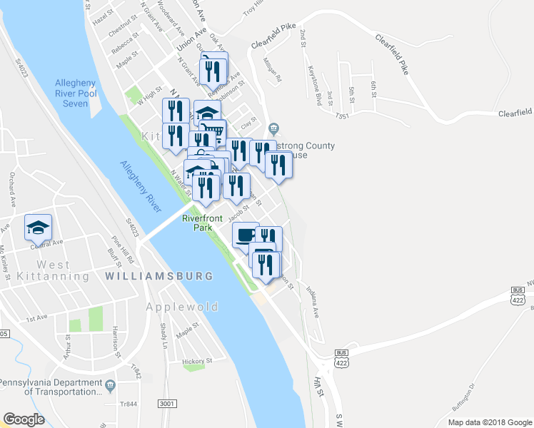 map of restaurants, bars, coffee shops, grocery stores, and more near 248 South McKean Street in Kittanning