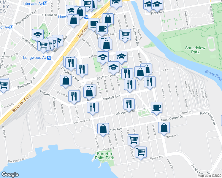 map of restaurants, bars, coffee shops, grocery stores, and more near 648 Coster Street in Bronx