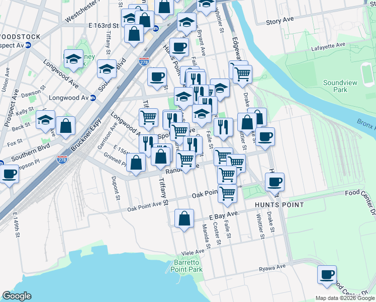 map of restaurants, bars, coffee shops, grocery stores, and more near 640 Barretto Street in The Bronx