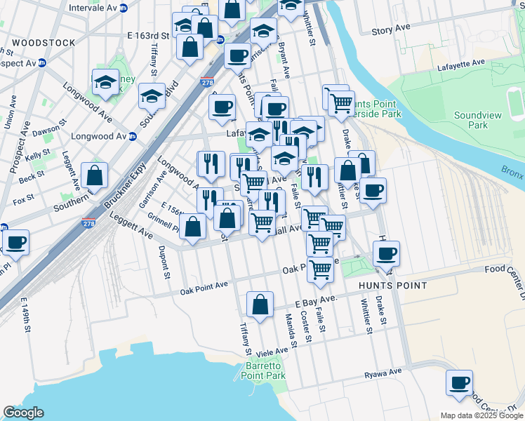 map of restaurants, bars, coffee shops, grocery stores, and more near 640 Barretto Street in The Bronx