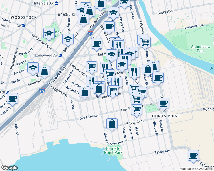 map of restaurants, bars, coffee shops, grocery stores, and more near 640 Barretto Street in The Bronx