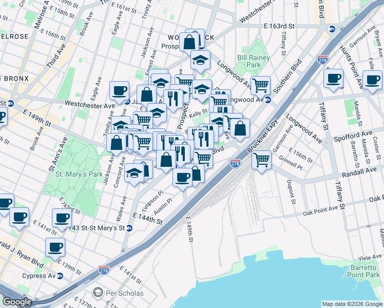 map of restaurants, bars, coffee shops, grocery stores, and more near 1012 Avenue Saint John in Bronx